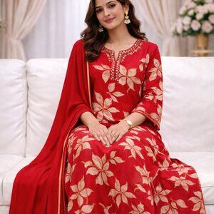 Red Self-Printed 3-Piece Indian Kurta Set w Dupatta | Women Ethnic Suit XL